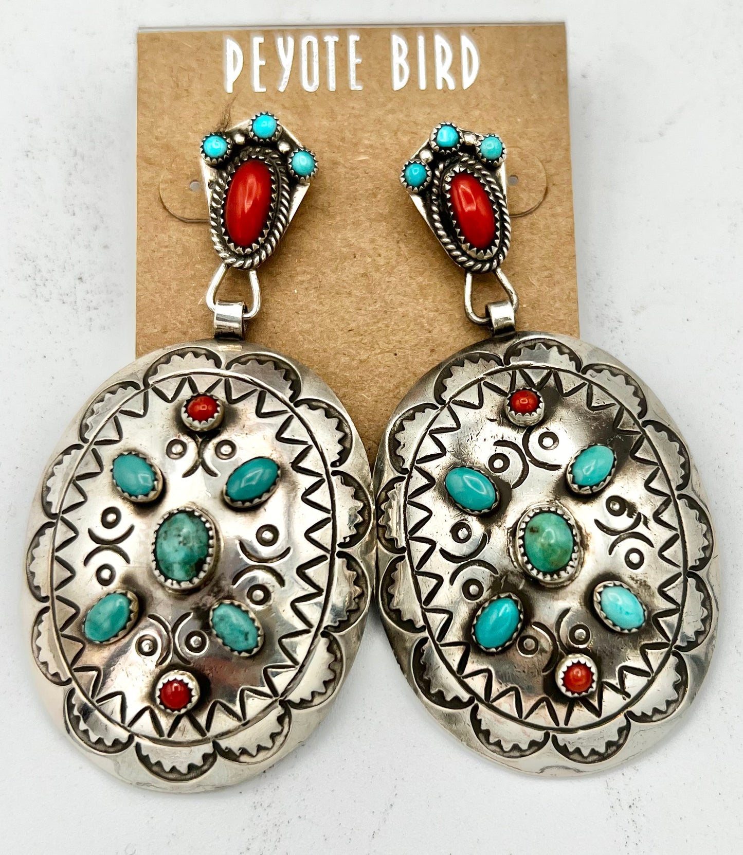 Vintage Turquoise and Coral Earrings on Sterling Silver Concho