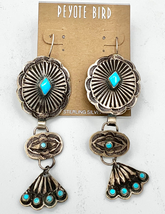 Long multi concho Sterling Silver and Turquoise Earrings