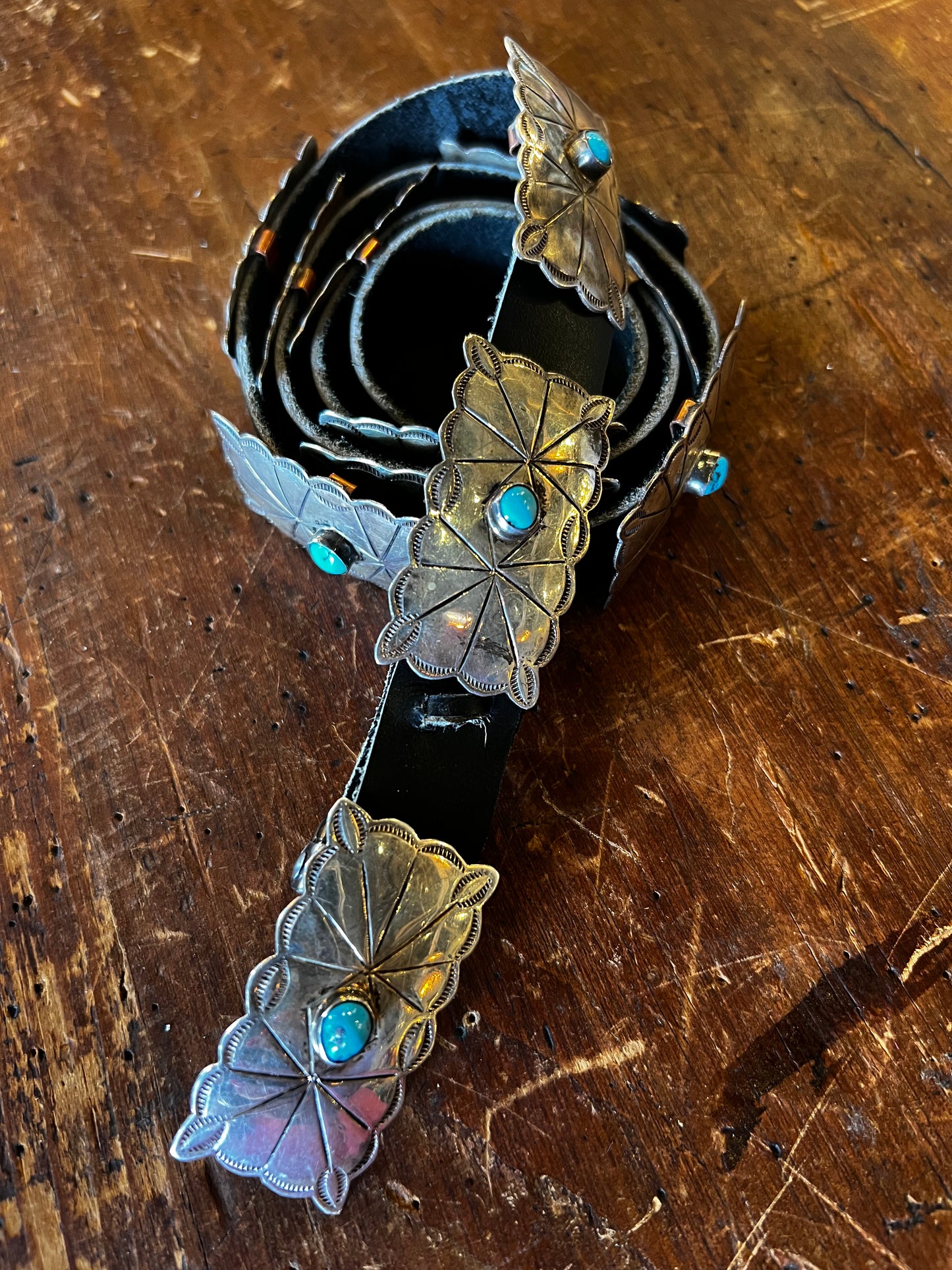 Vintage 1960's Sterling Silver and Turquoise Concho Belt