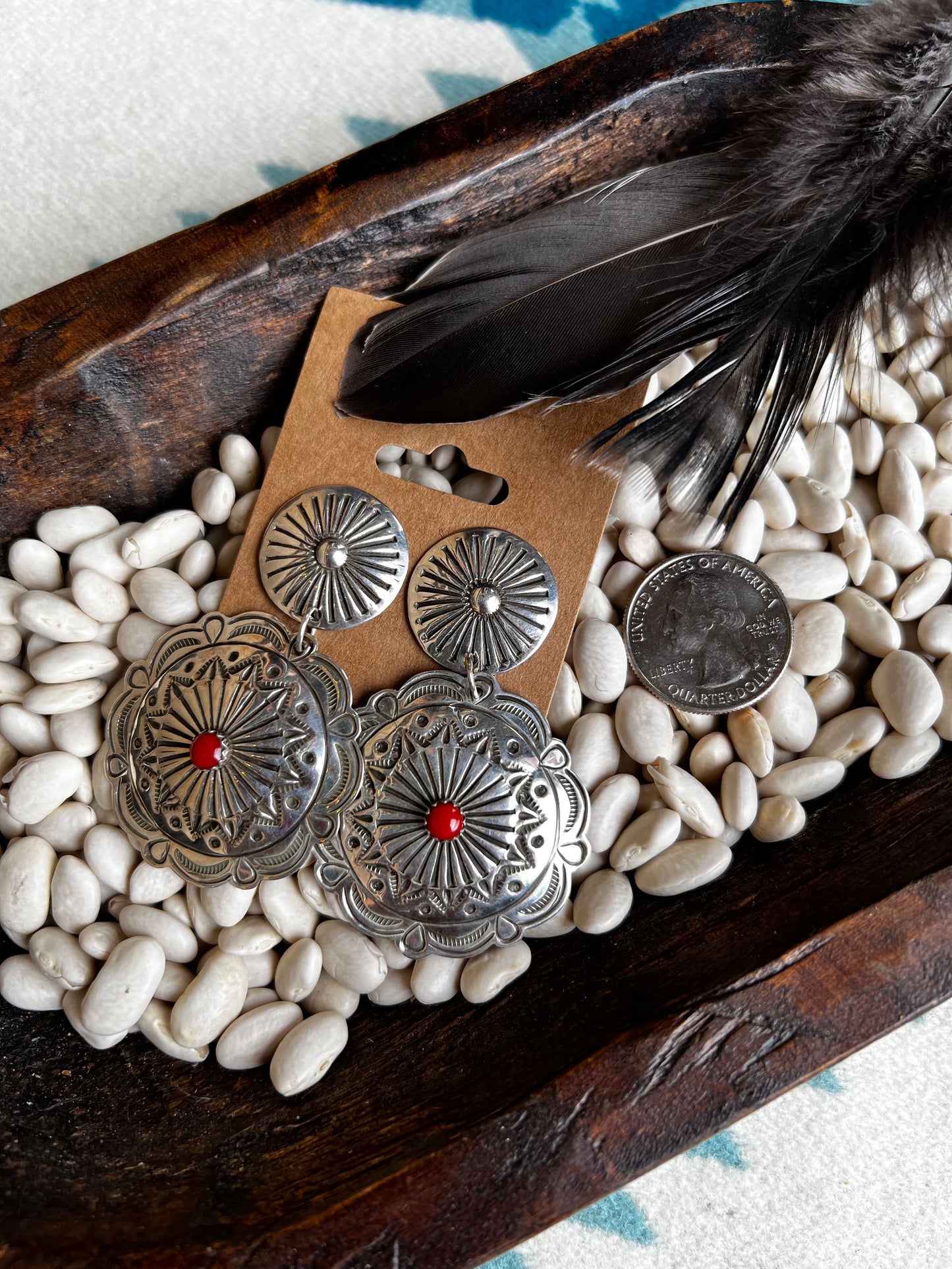 Sterling Silver Concho Earrings with Coral inlay