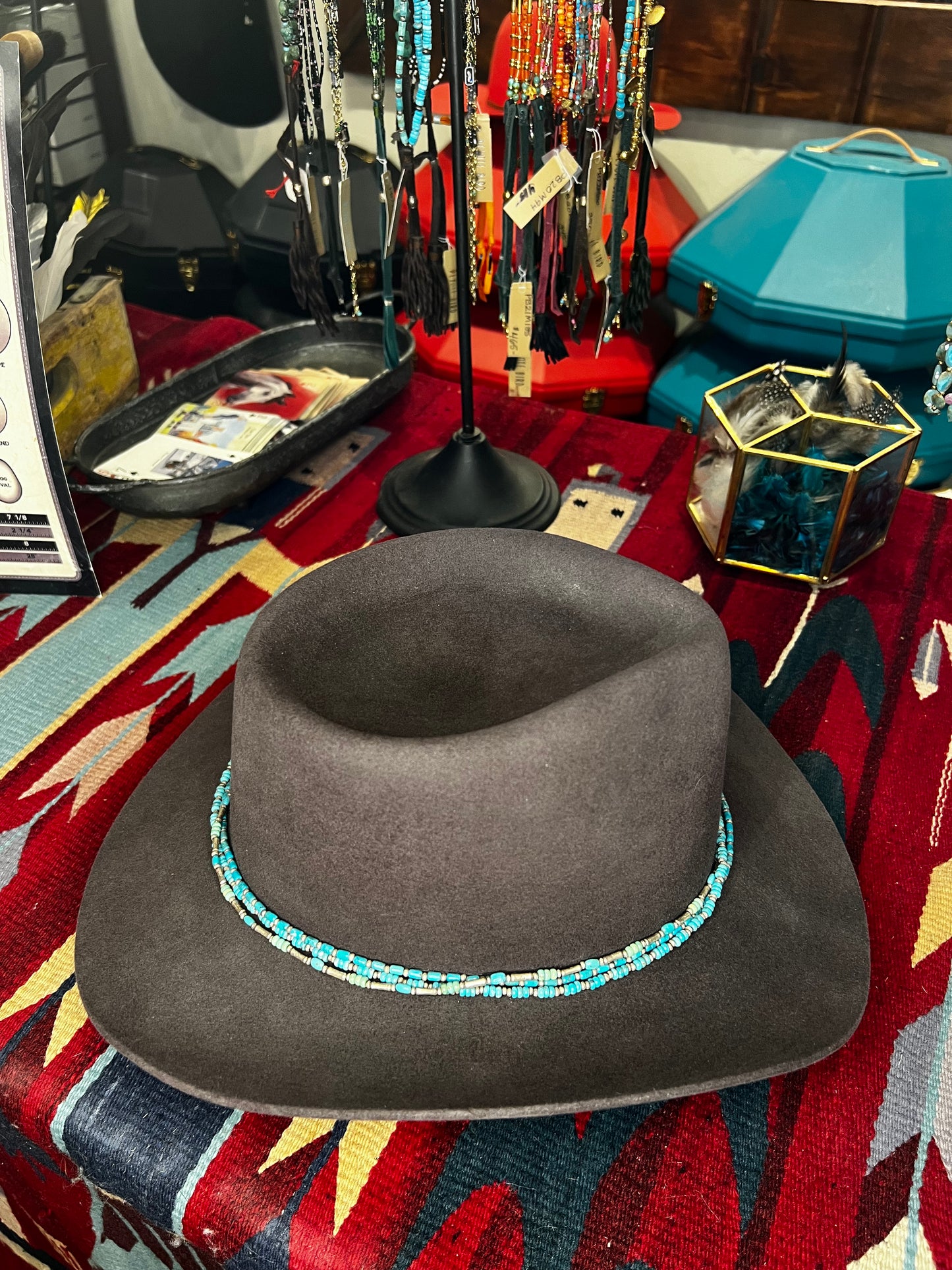 Hat Band, Beaded on Deer Leather Peyote Bird Designs