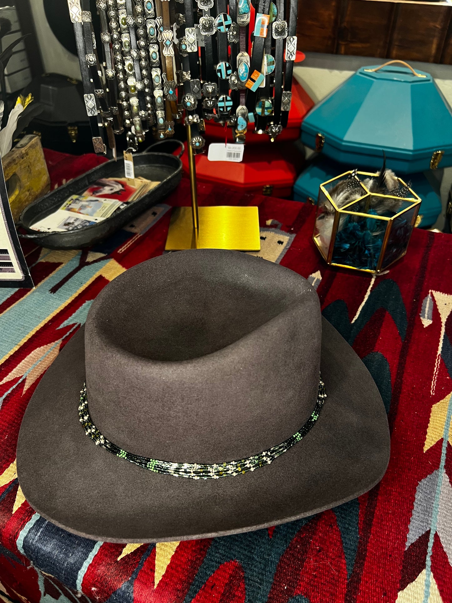 Hat Band, Beaded on Deer Leather Peyote Bird Designs