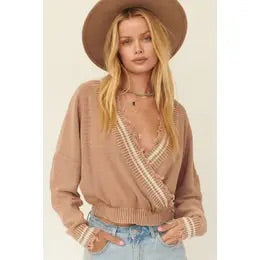 Sweater Knit Surplice Distressed Detailed