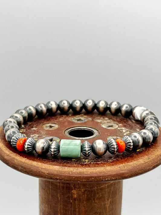 Navajo Pearl Stretch Bracelet with Turquoise and Spiny Oyster