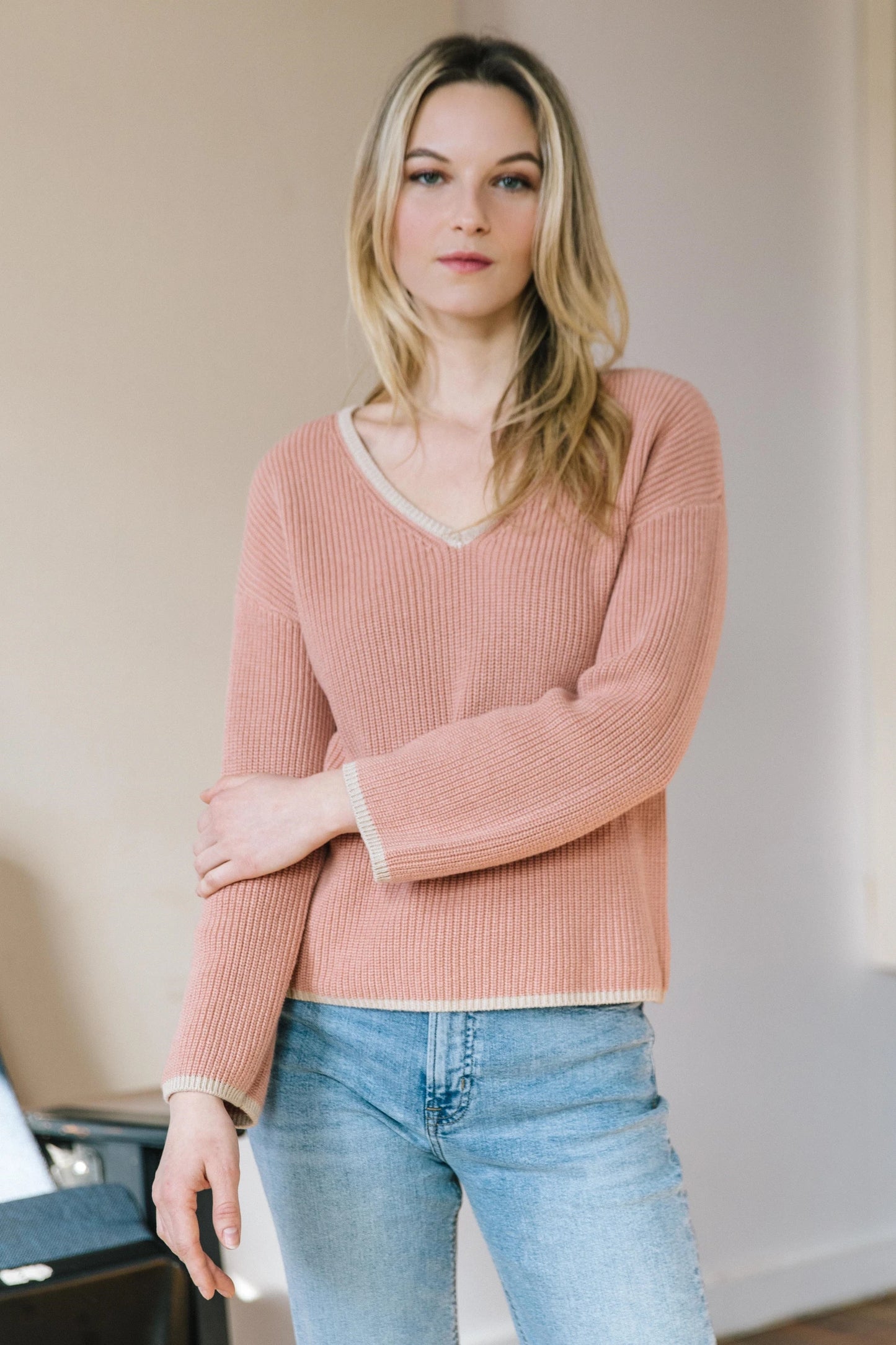 Cashmere Piped Fisherman V-neck Sweater